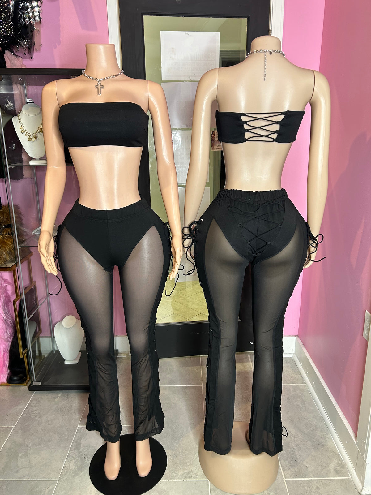 In My Place Mesh Pant Set- Black