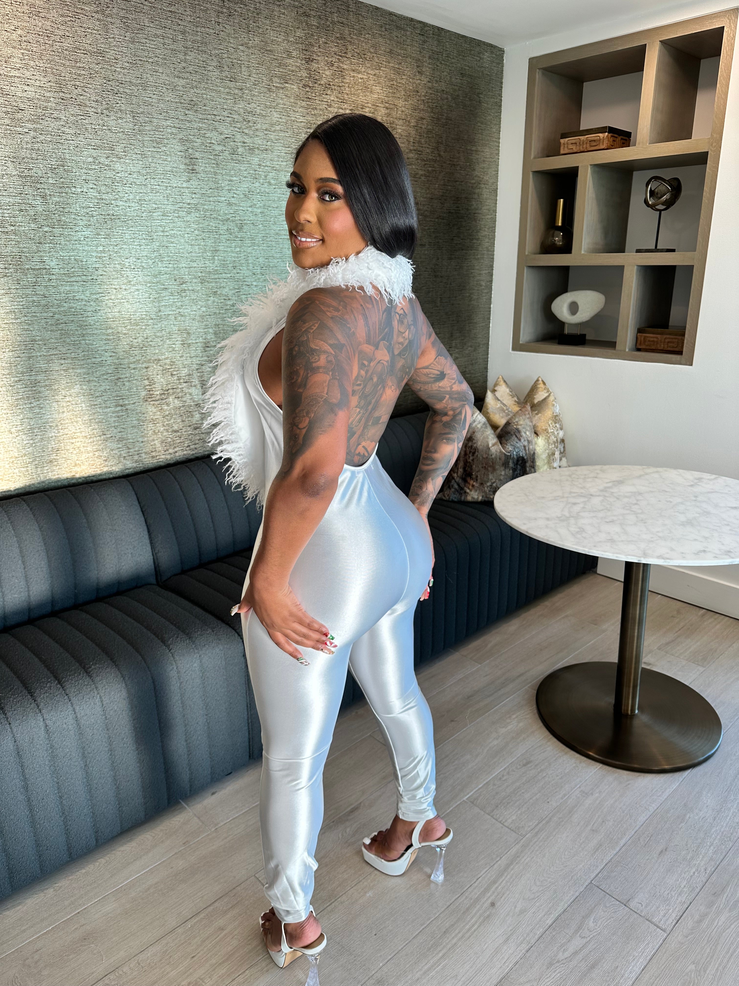 Make An Appearance Halter Neck Mongolian Fur Jumpsuit- White