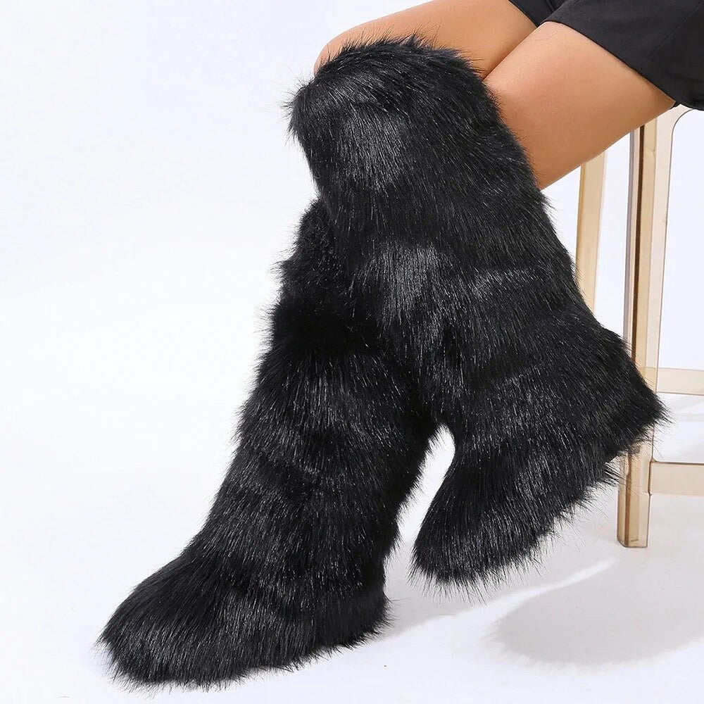 (*Pre-Order 15 business days then ship*) Wynter Fluffy Faux Fur Tall Boots- Black