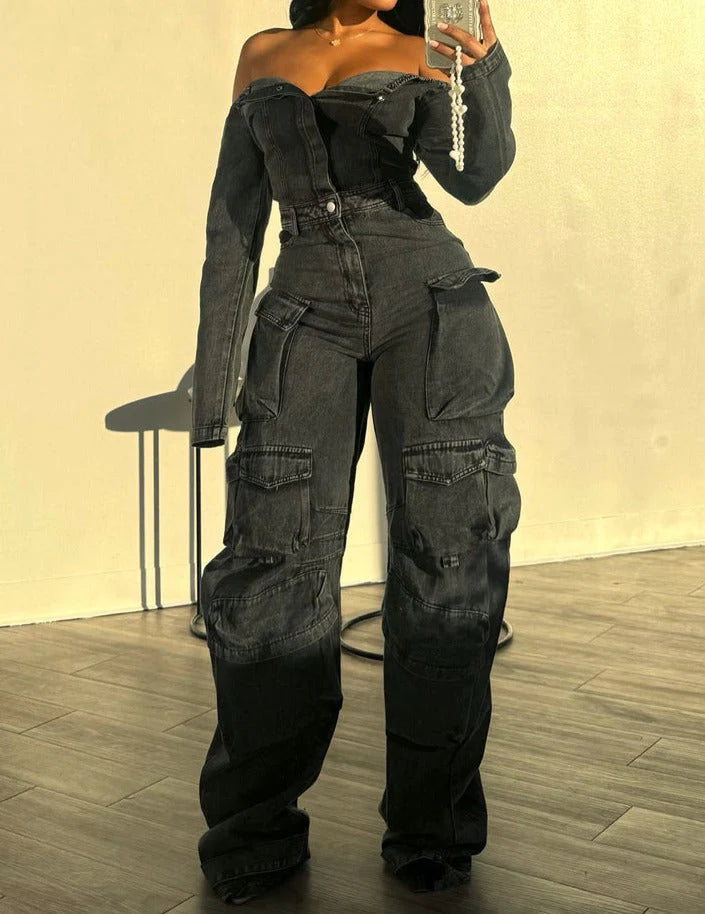 Chic Off-Shoulder Denim Jumpsuit- Black Denim – Luxechic Couture