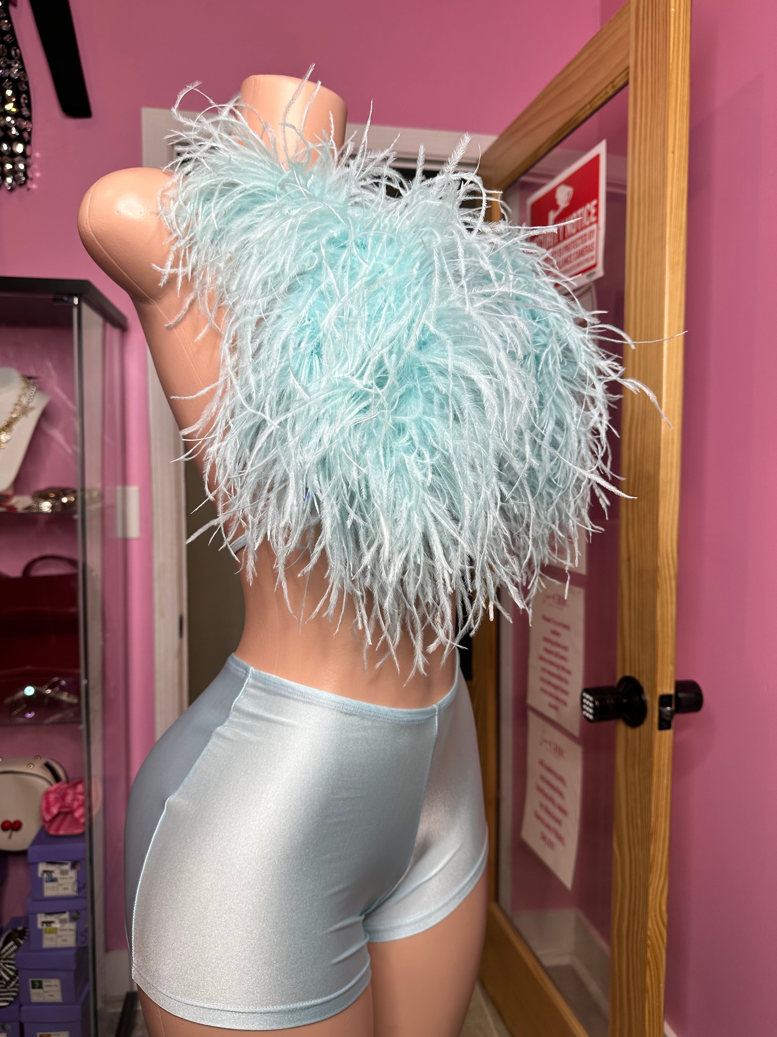 “Pre-Order 10-15 business days custom” So MF Sexy Ostrich Fur Halter Neck & Short Set- Icy Blue