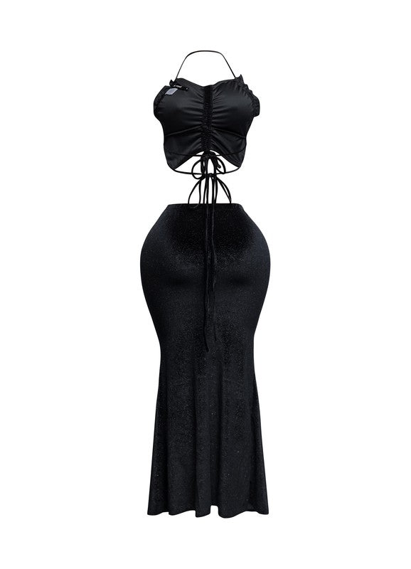 Everything I Want Velvet Maxi Skirt Set –Black