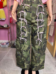 Camo Cargo Wide-Leg Pants with Ribbon