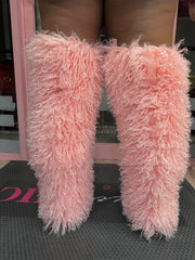 Shaggy Mongolian Fur Thigh High Boots- Pink