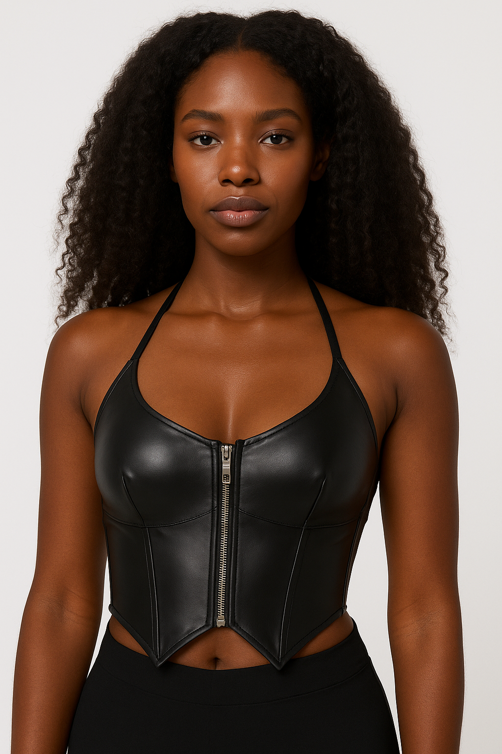 Power Play Halter Bustier – Black Faux Leather