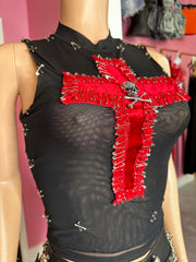 *Pre-Order 10-12 business days then ship* Rockstar & Skull Pendant Cross Top- Black