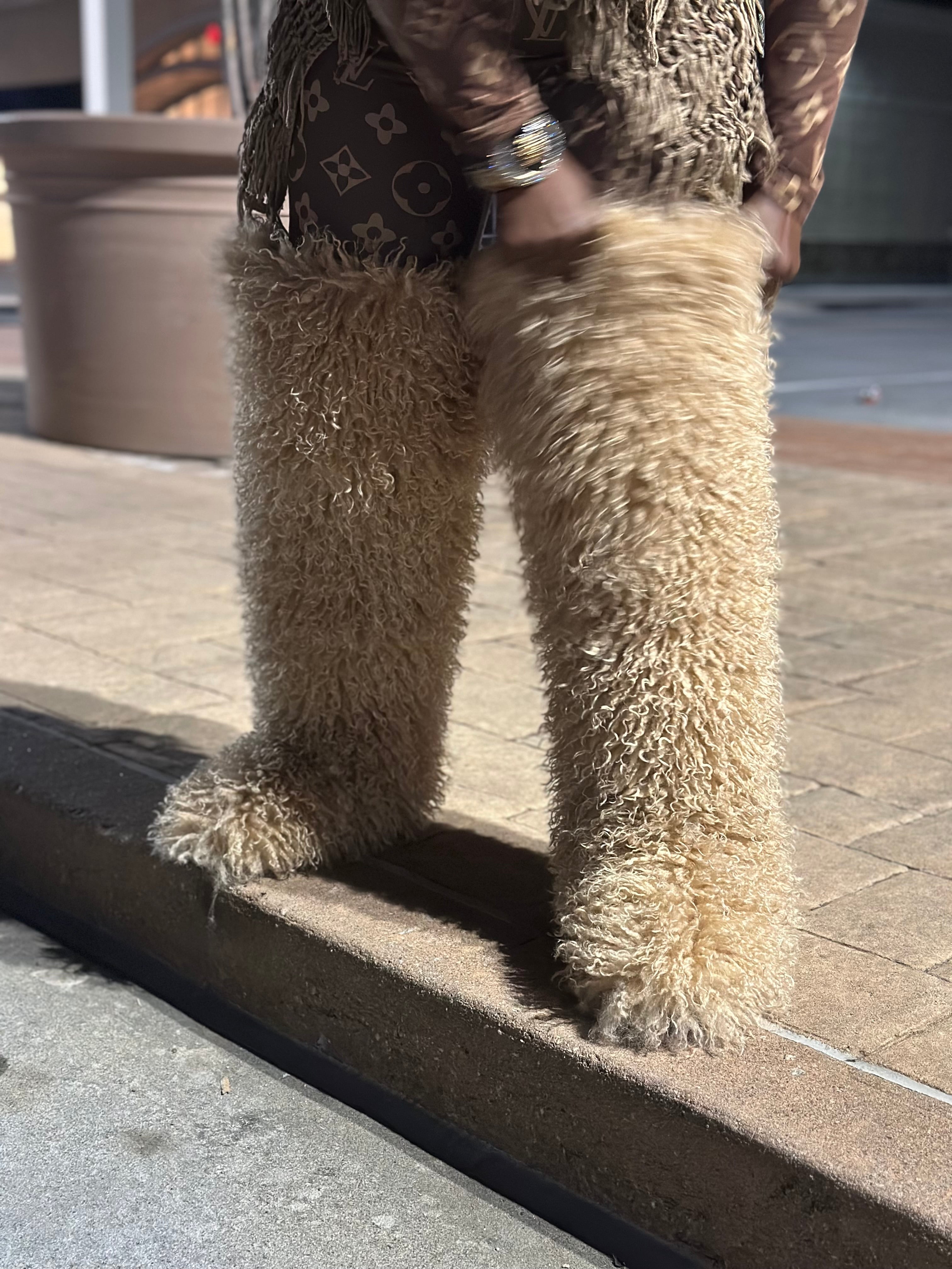 *Pre-Order 10-15 business days then ship* Shaggy Mongolian Fur Thigh High Boots- Tan