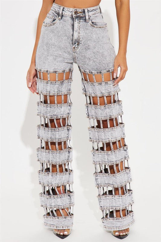 Concrete Cutout Cage Denim Jeans – Gray