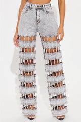 Concrete Cutout Cage Denim Jeans – Gray