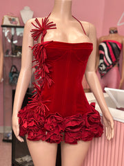 *Pre-Order 10-15 business days then ship* Meet Me At The Party Floral Effect Velvet Mini Dress – Red & Black Options