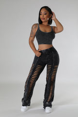 Mineral Wash Cut Out Pant Set- Black