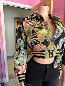 *Pre-Order 3-5 days then ship* Floral Crop Varsity Tapestry Jacket- Black