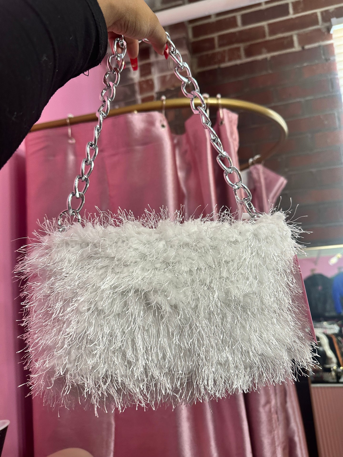 Fluff Pouch Handbag- White