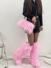 Chic Faux Fur Knee-High Boot & Handbag Set- Pink