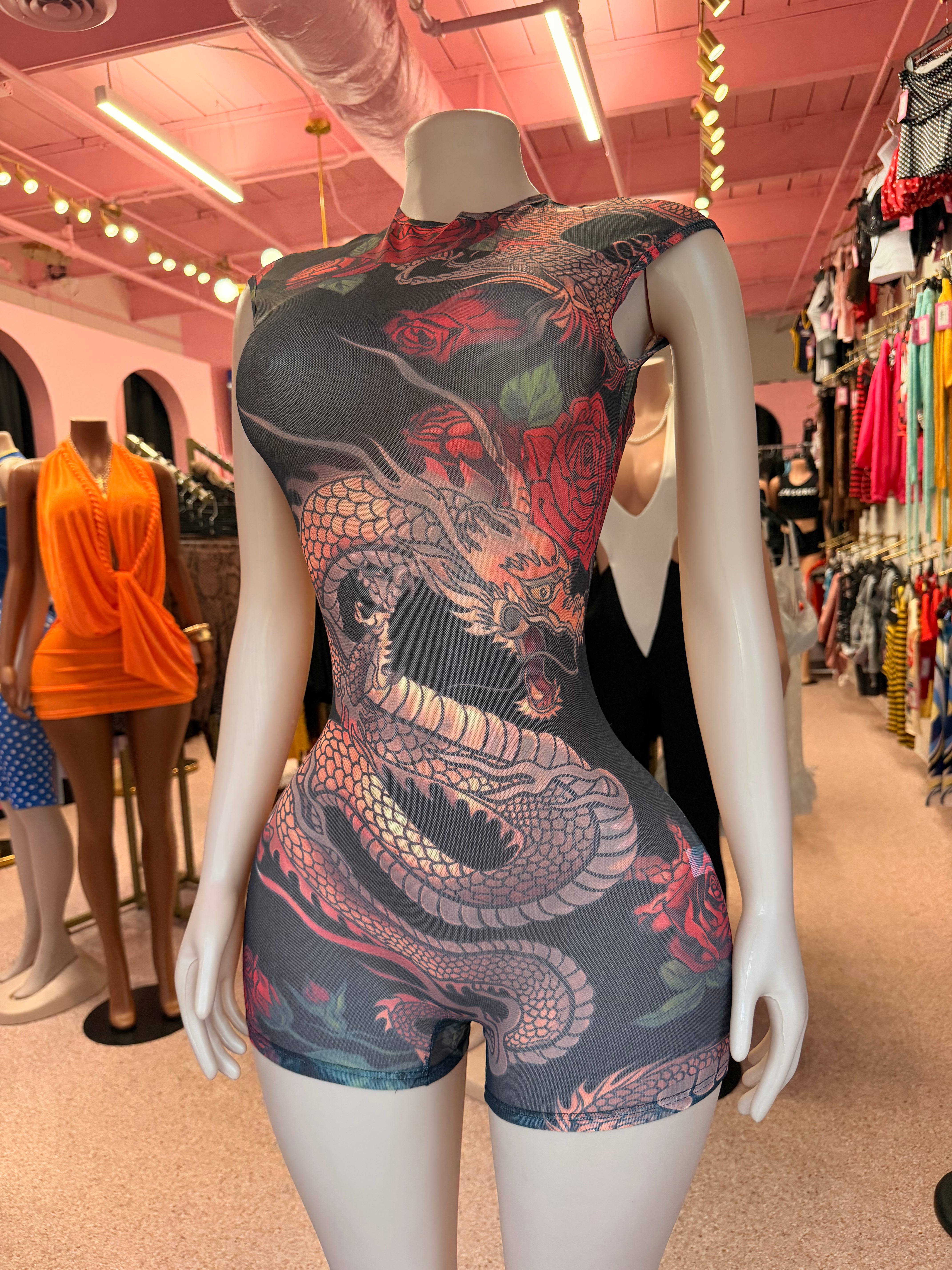 Tattooed Temptation Romper- Black Multi🐉🌹