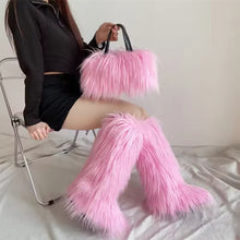 Chic Faux Fur Knee-High Boot & Handbag Set- Pink