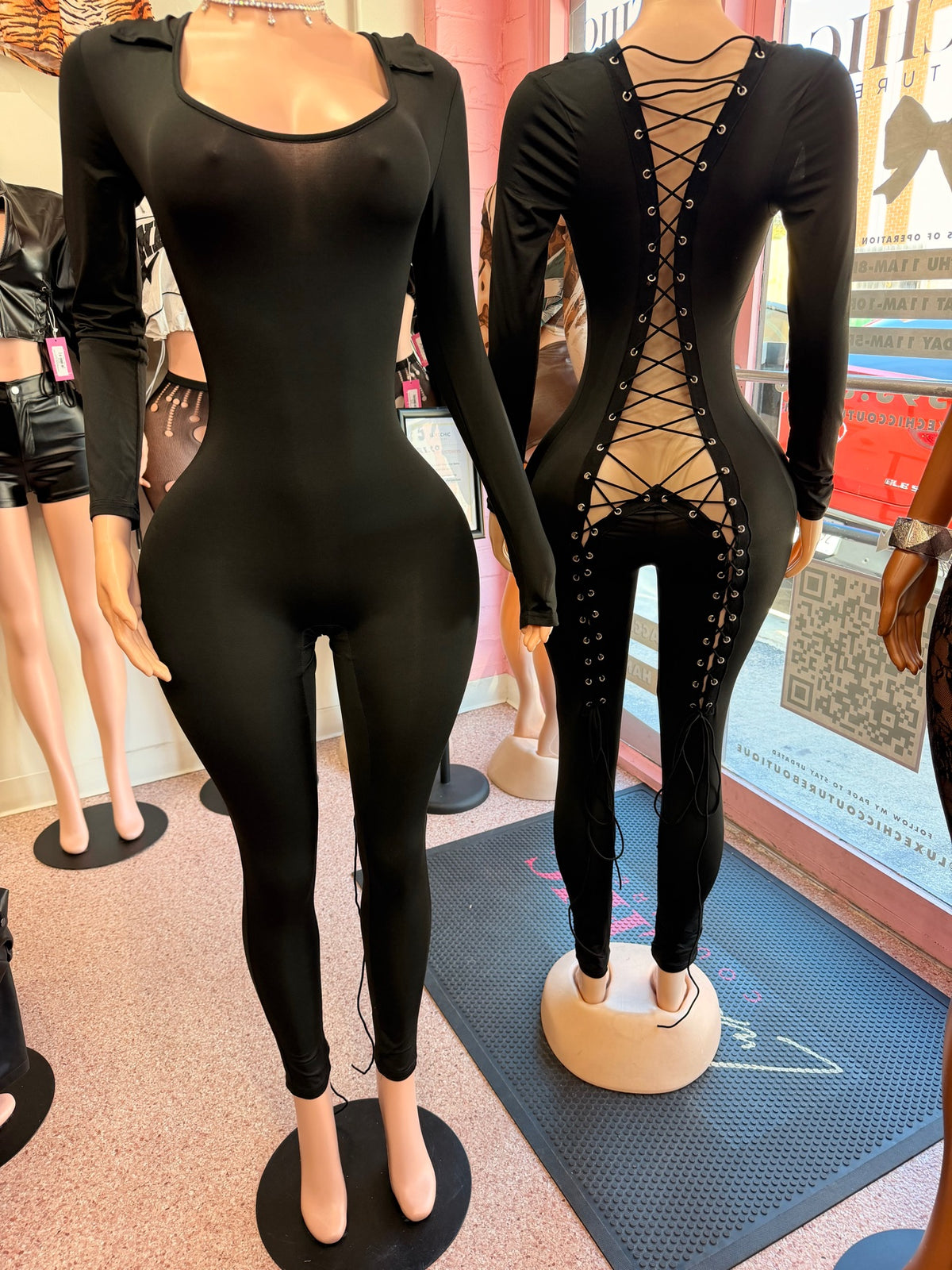 No Looking Back Lace-Up Jumpsuit – Black - front and back (featured)