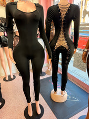 No Looking Back Lace-Up Jumpsuit – Black - front and back (featured)