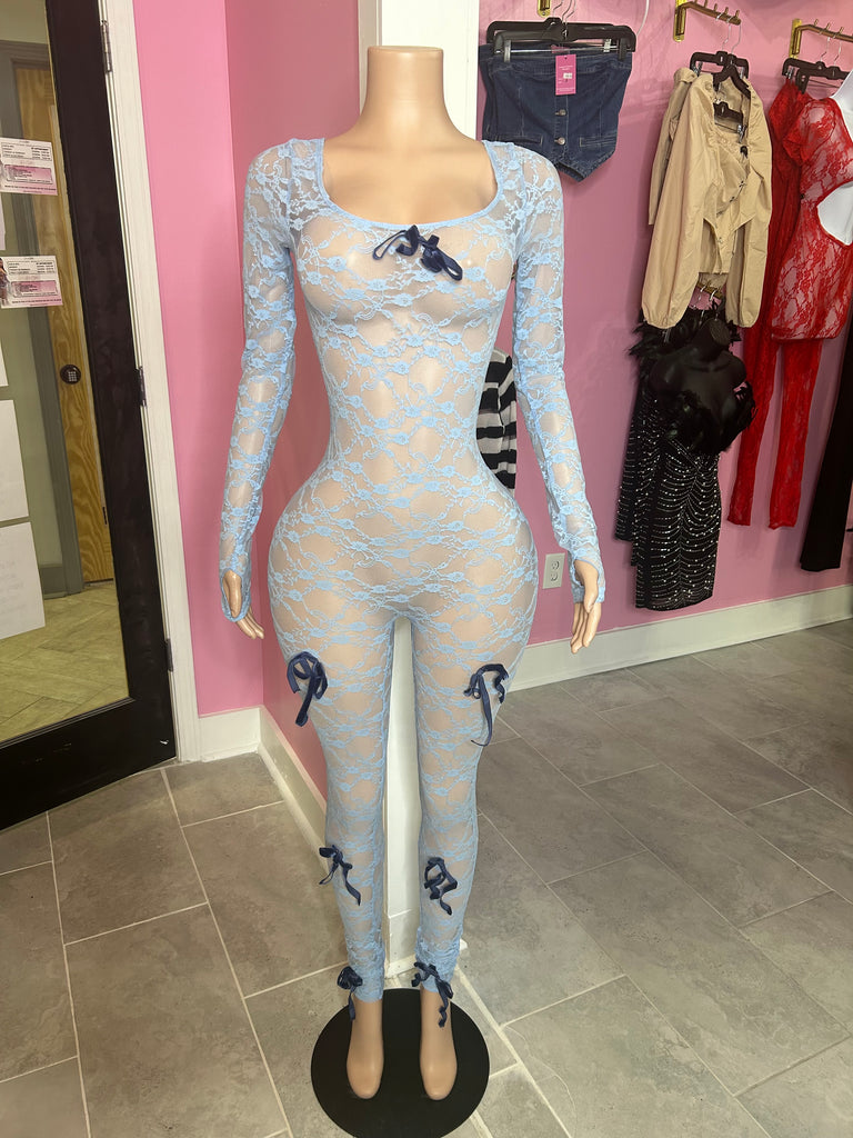 Ribbon Lace Jumpsuit- Blue – Luxechic Couture