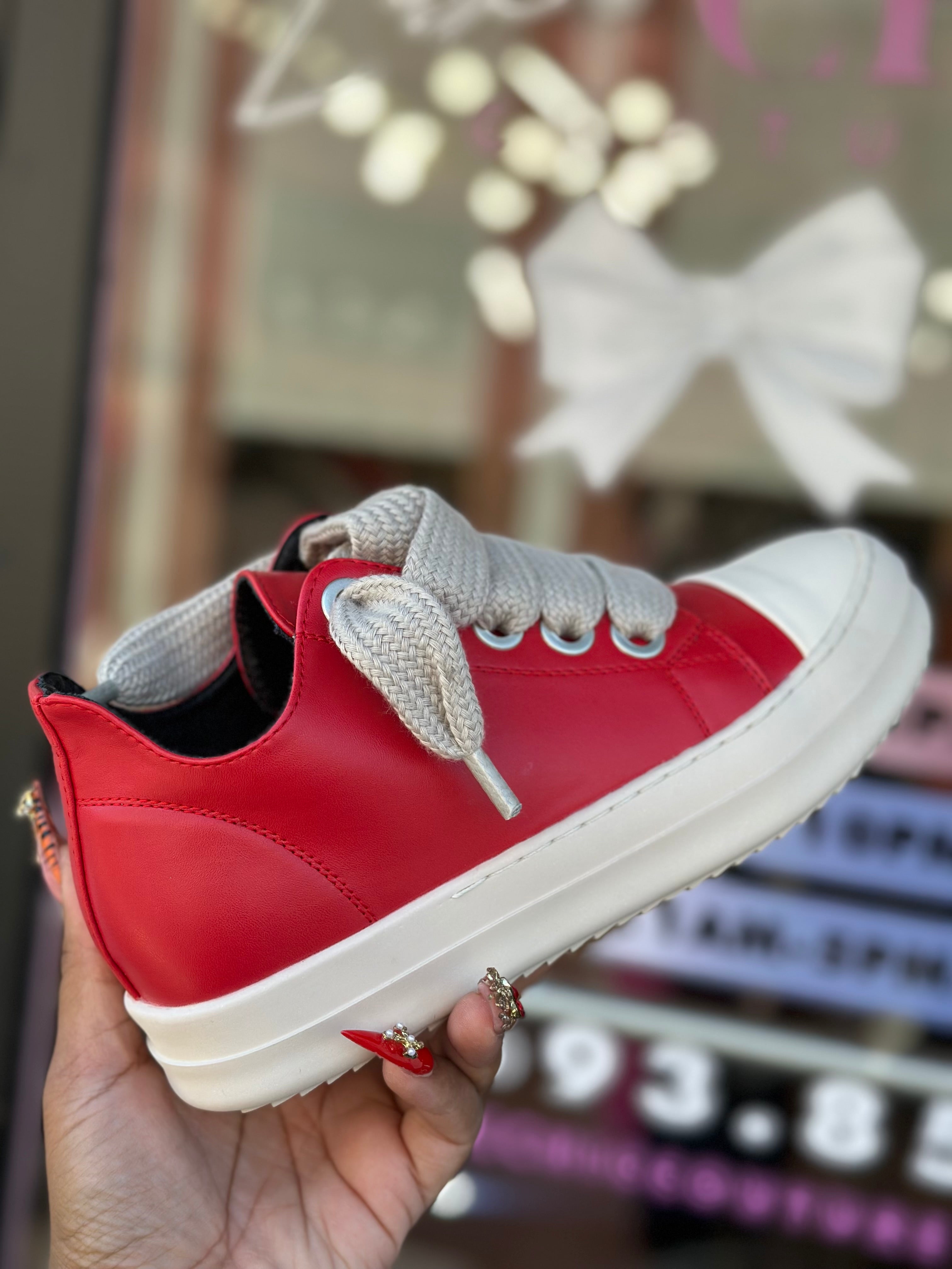 Ricky Leather Jumbo Shoelace Low Top Sneakers- Red