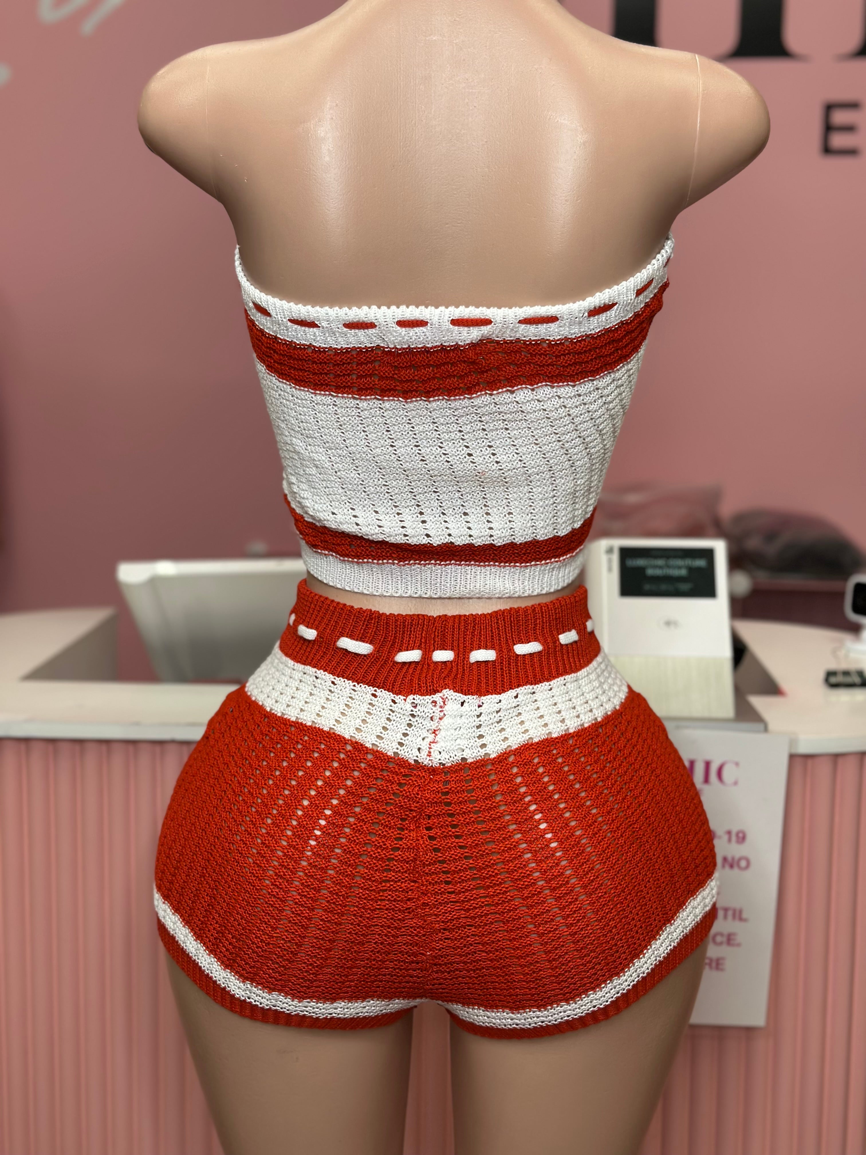 Summer Crushing Crochet 2 Piece Short Set- Fiery Red