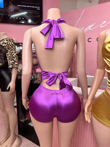 Step It Up Satin Halter Cowl Neck & Short Set- Various Colors