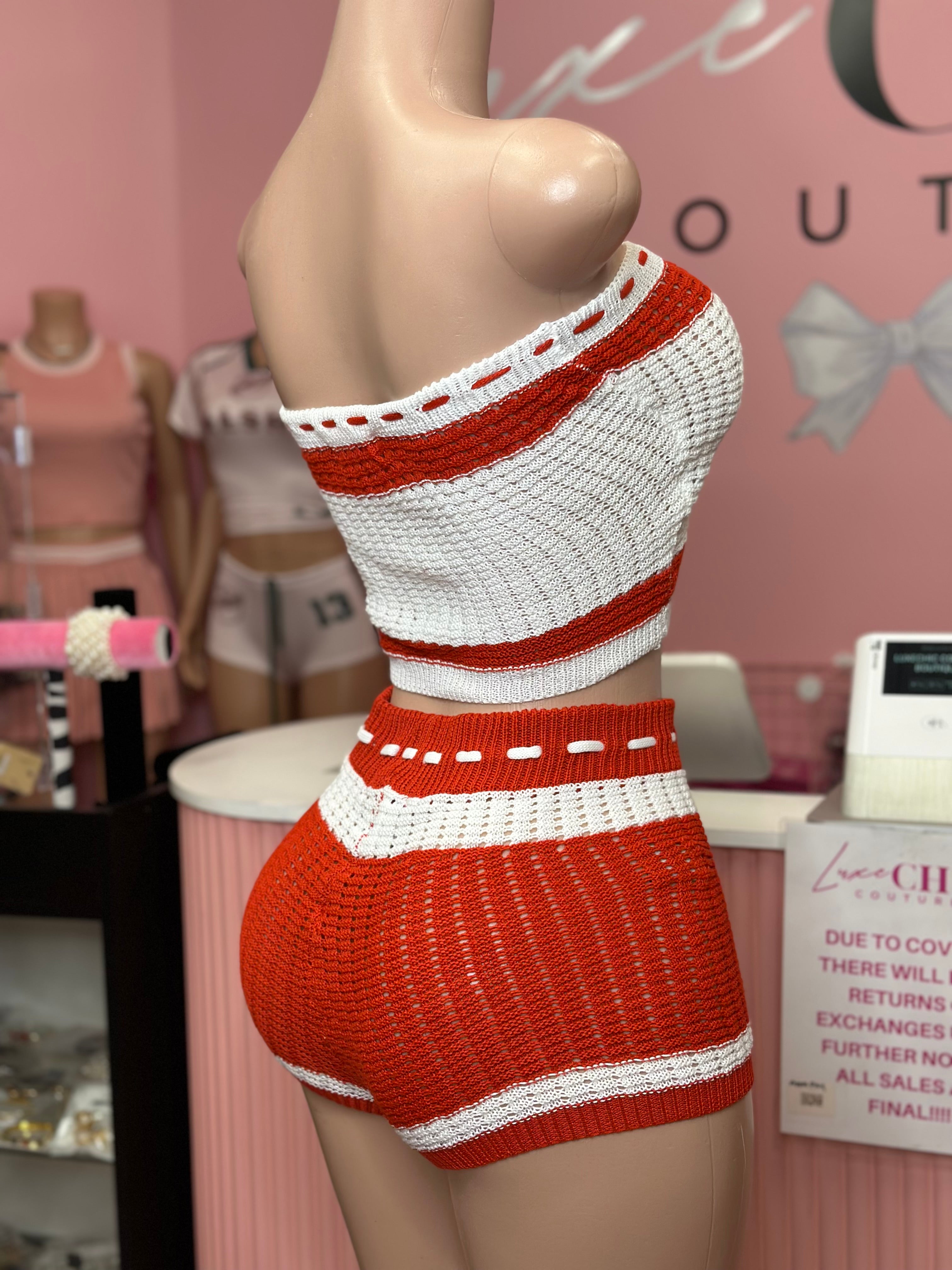 Summer Crushing Crochet 2 Piece Short Set- Fiery Red