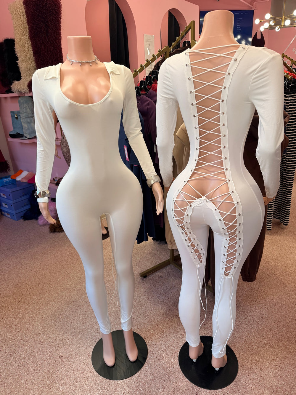 No Looking Back Lace-Up Jumpsuit – White - front and back (featured)