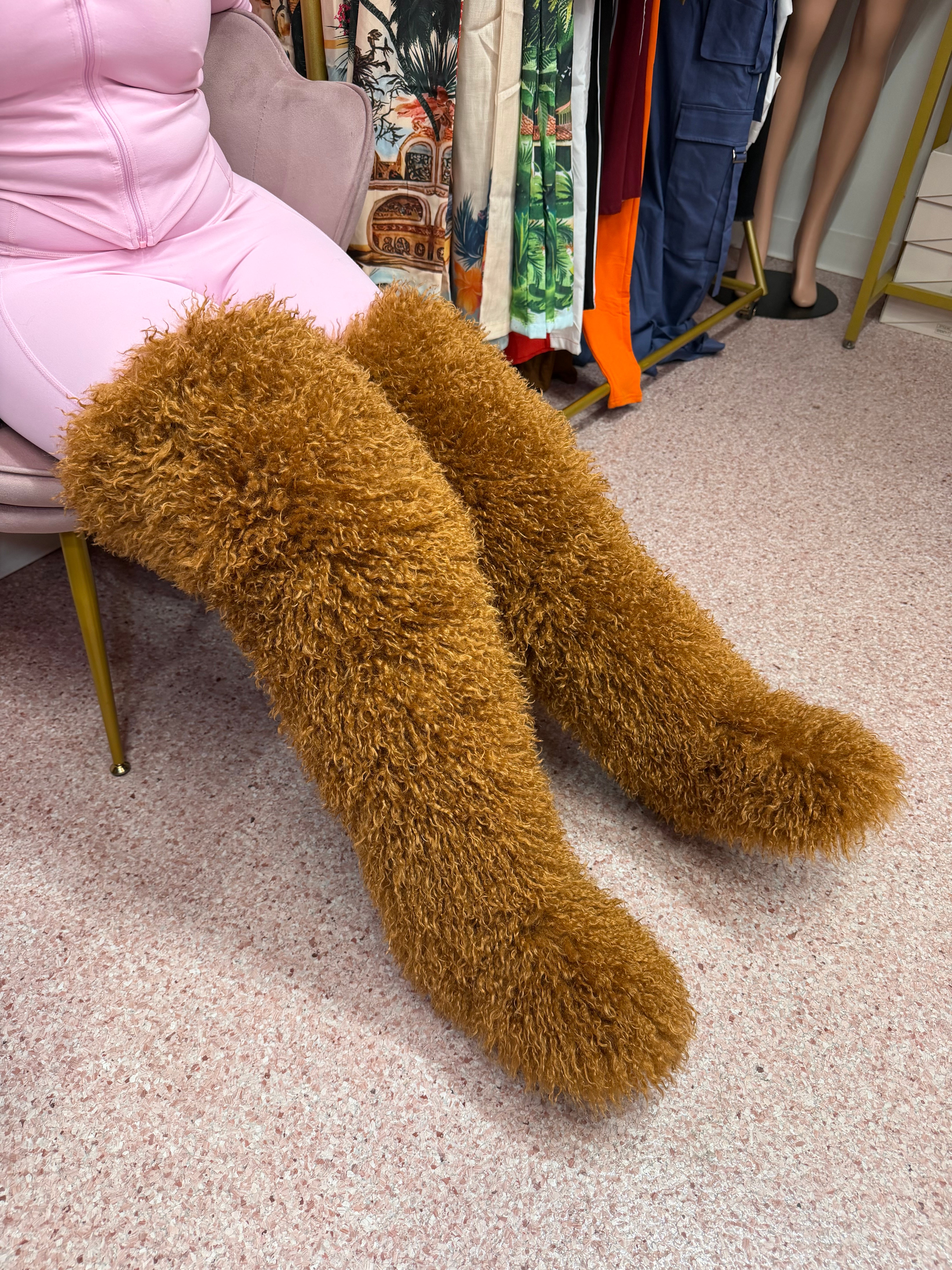 Shaggy Mongolian Fur Thigh High Boots- Brown