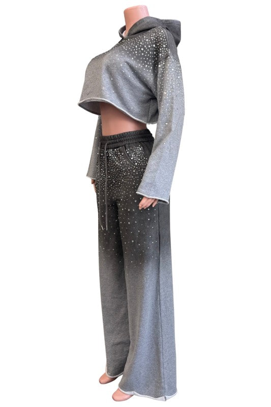 Rhinestone Ombré Hoodie Pant Set – Gray