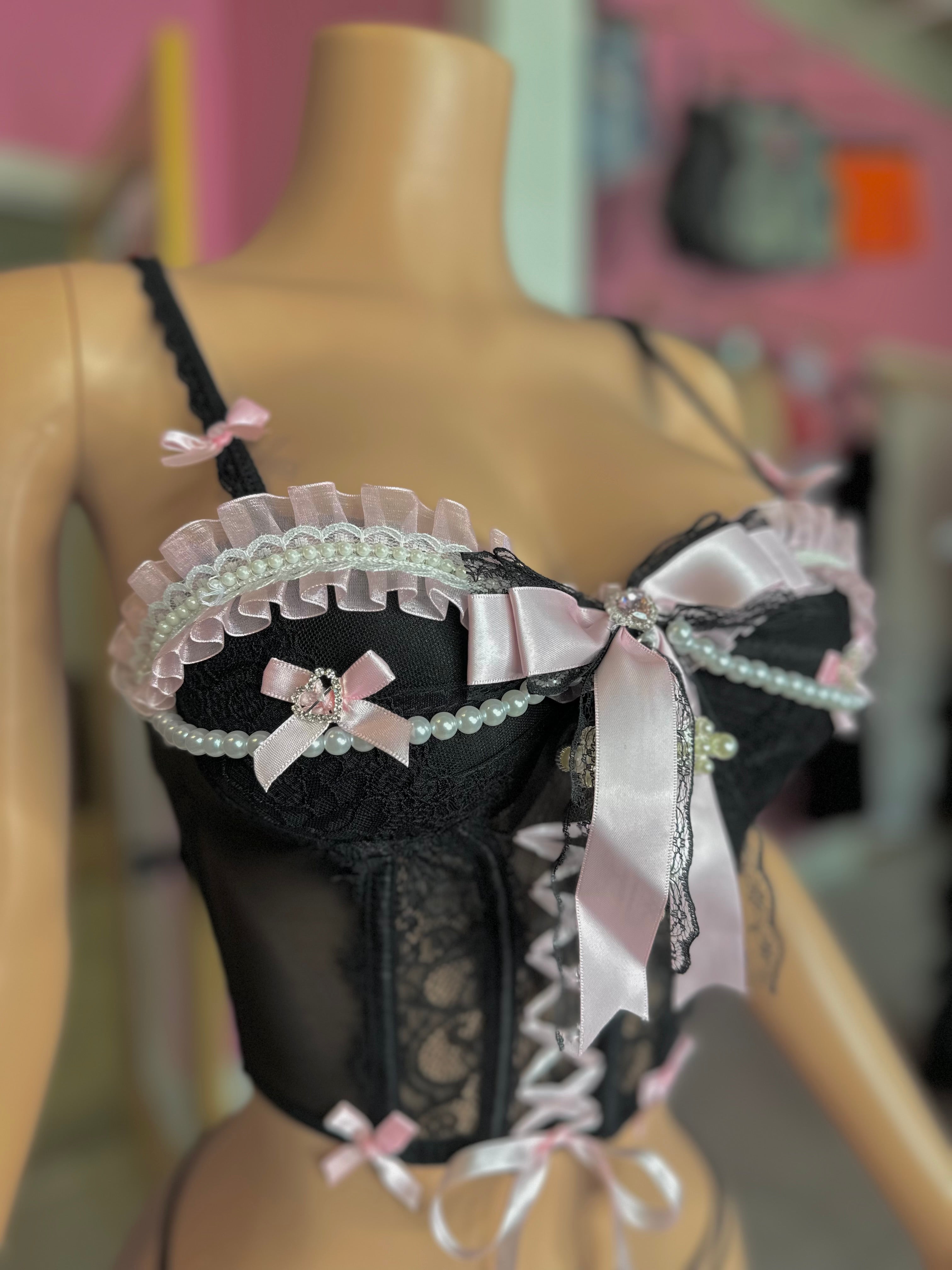 *Pre-Order* (10-15 days then ship) Pure Night Lace Corset Top- Black/Pink