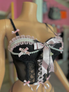 *Pre-Order* (10-15 days then ship) Pure Night Lace Corset Set- Black/Pink