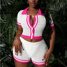 Shes Amazing Crochet 2 Piece Short Set- White/Hot Pink