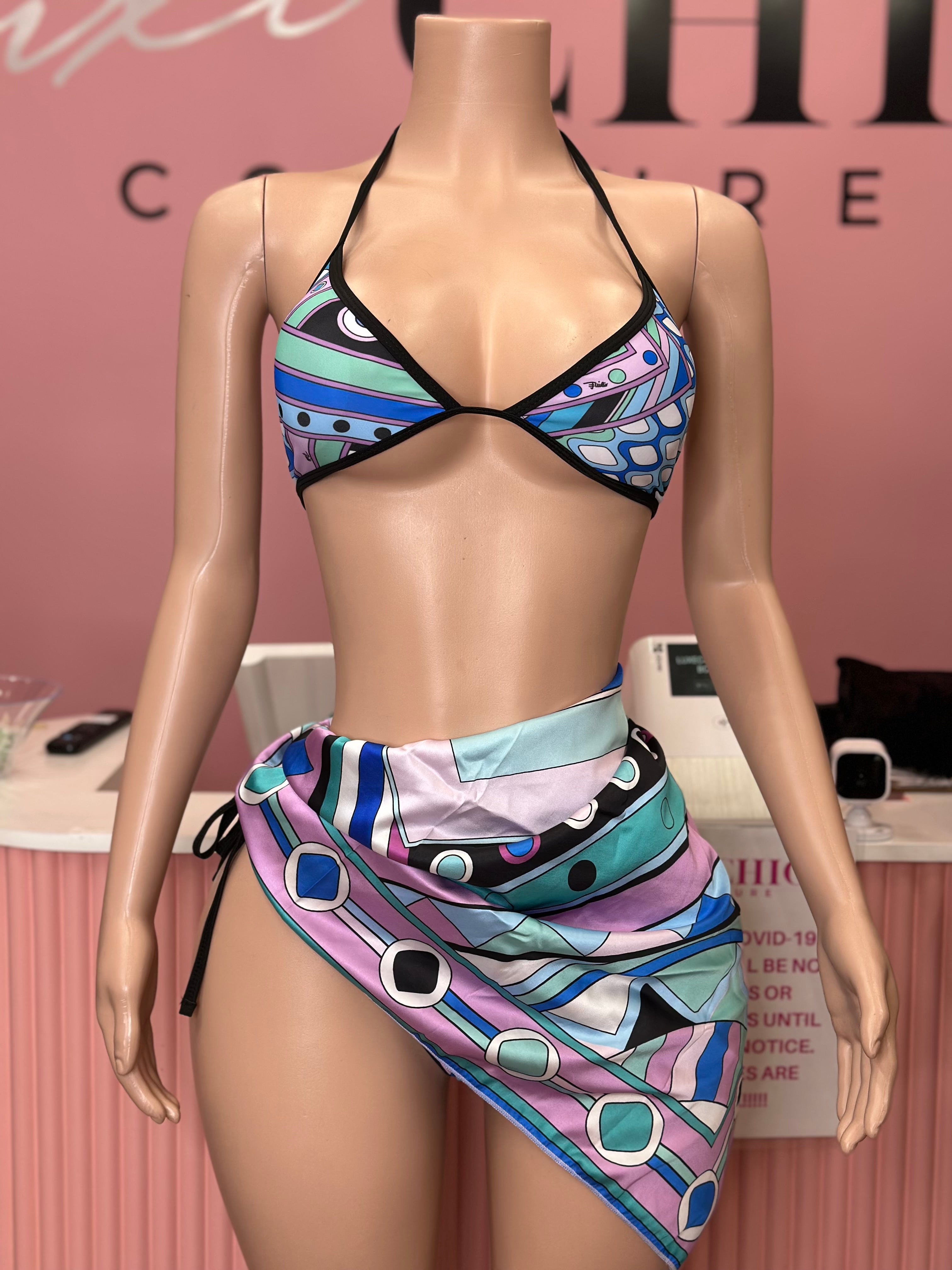 Fashion Puch Designer Inspired 3pc Swimsuit Set- Blue Multi