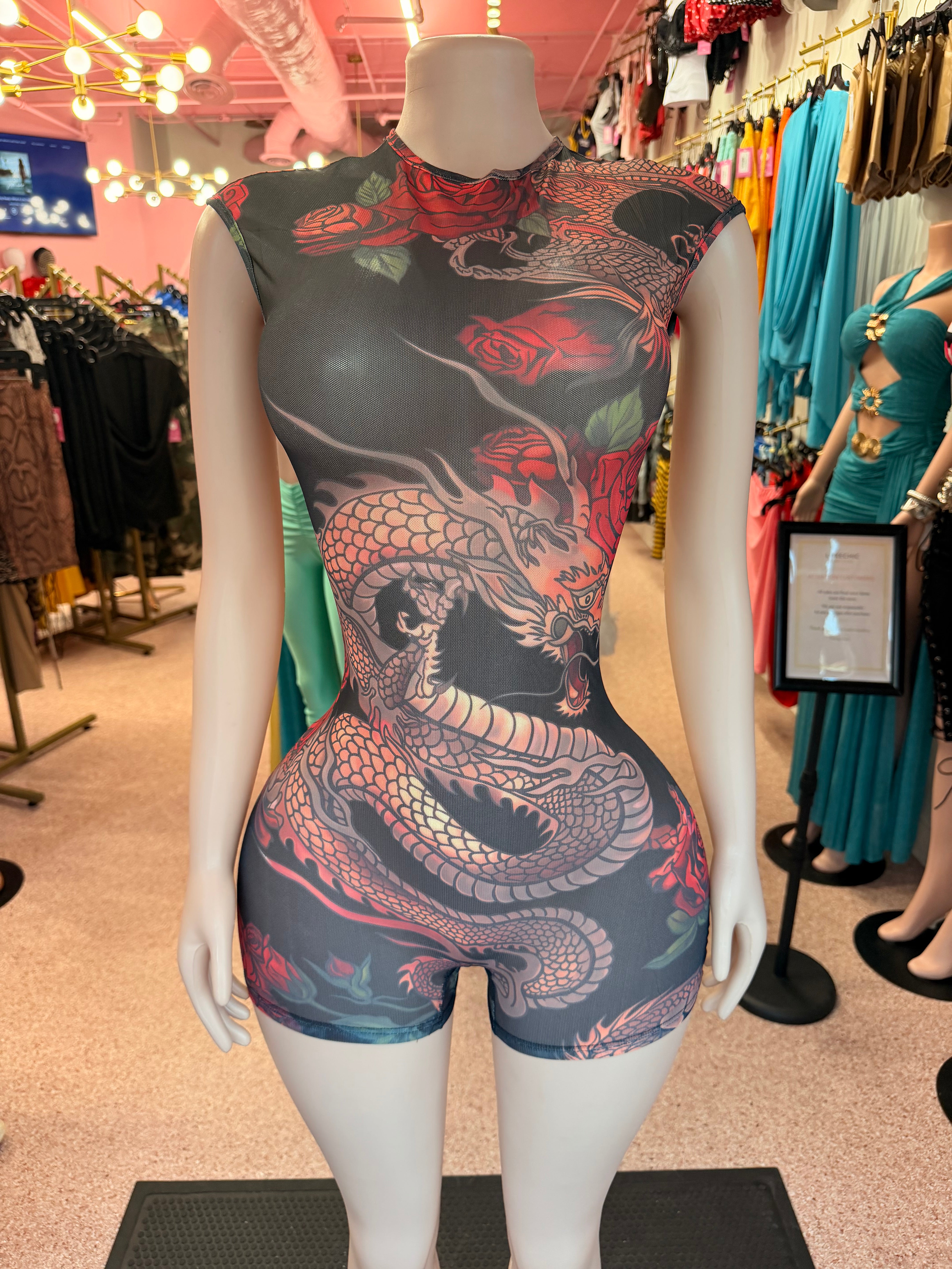 Tattooed Temptation Romper- Black Multi🐉🌹