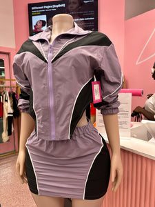 2 Tone Windbreaker Skirt Set- Purple/Blk
