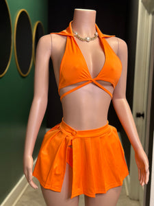 Hot Girl Ish 3pc Bikini & Skirt Set- Orange