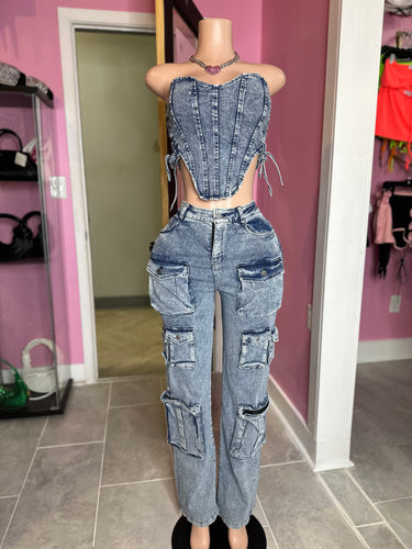 Stone Wash Denim Corset With Side Ties