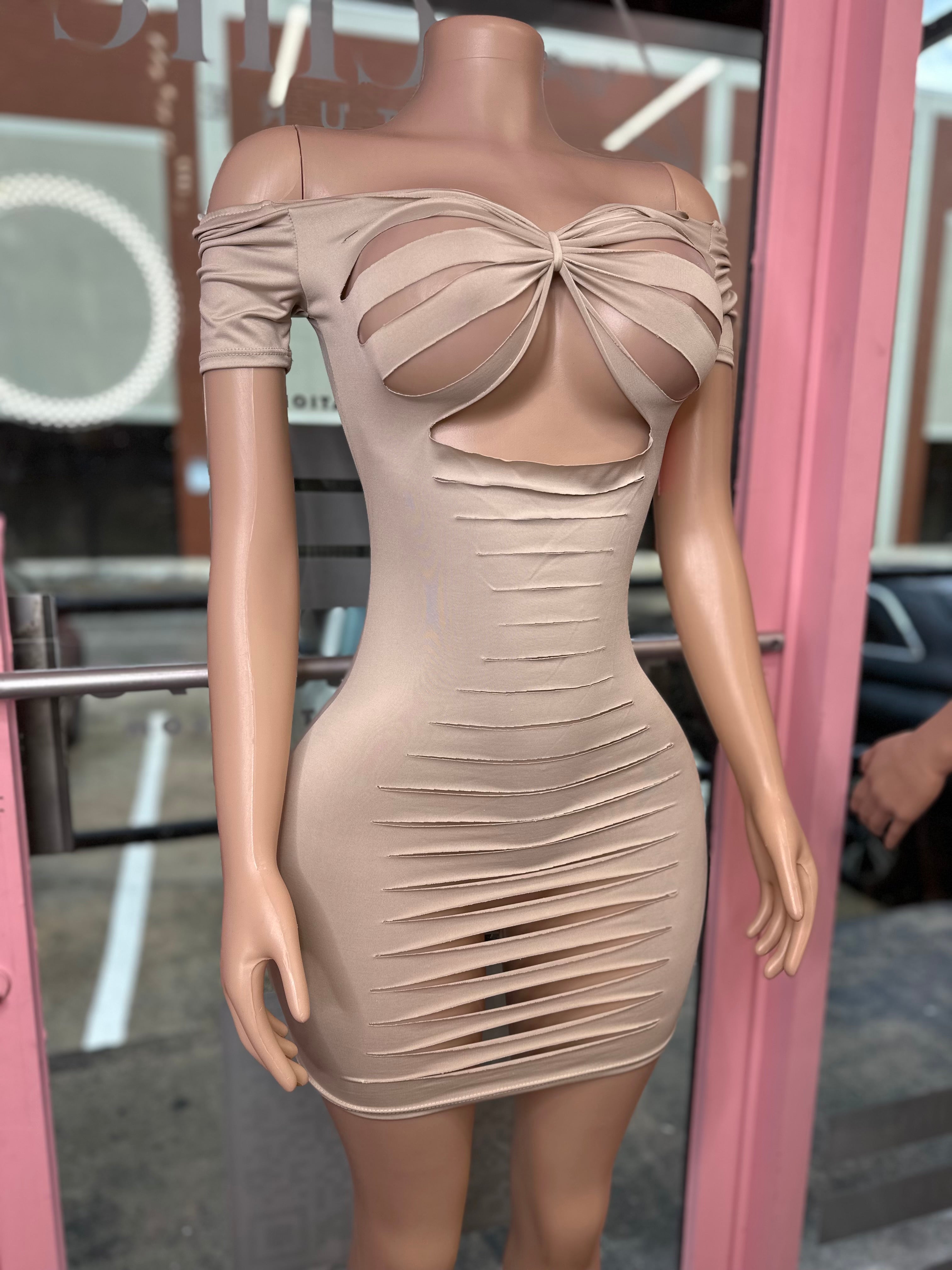 Die Cut Bodycon Dress- Nude/Taupe