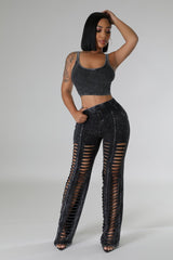 Mineral Wash Cut Out Pant Set- Black
