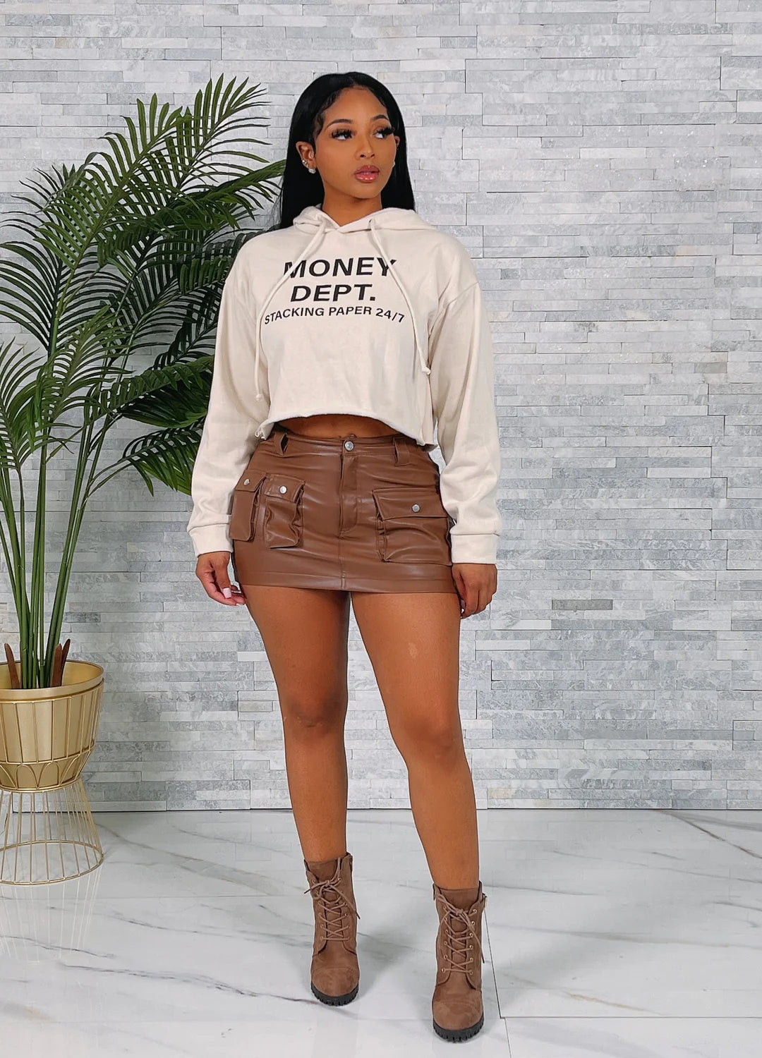 Edgy Chic PU Leather Cargo Mini Skirt- Brown