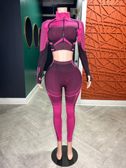 Two-Tone Crop Jacket & Legging Set - Black/Pink