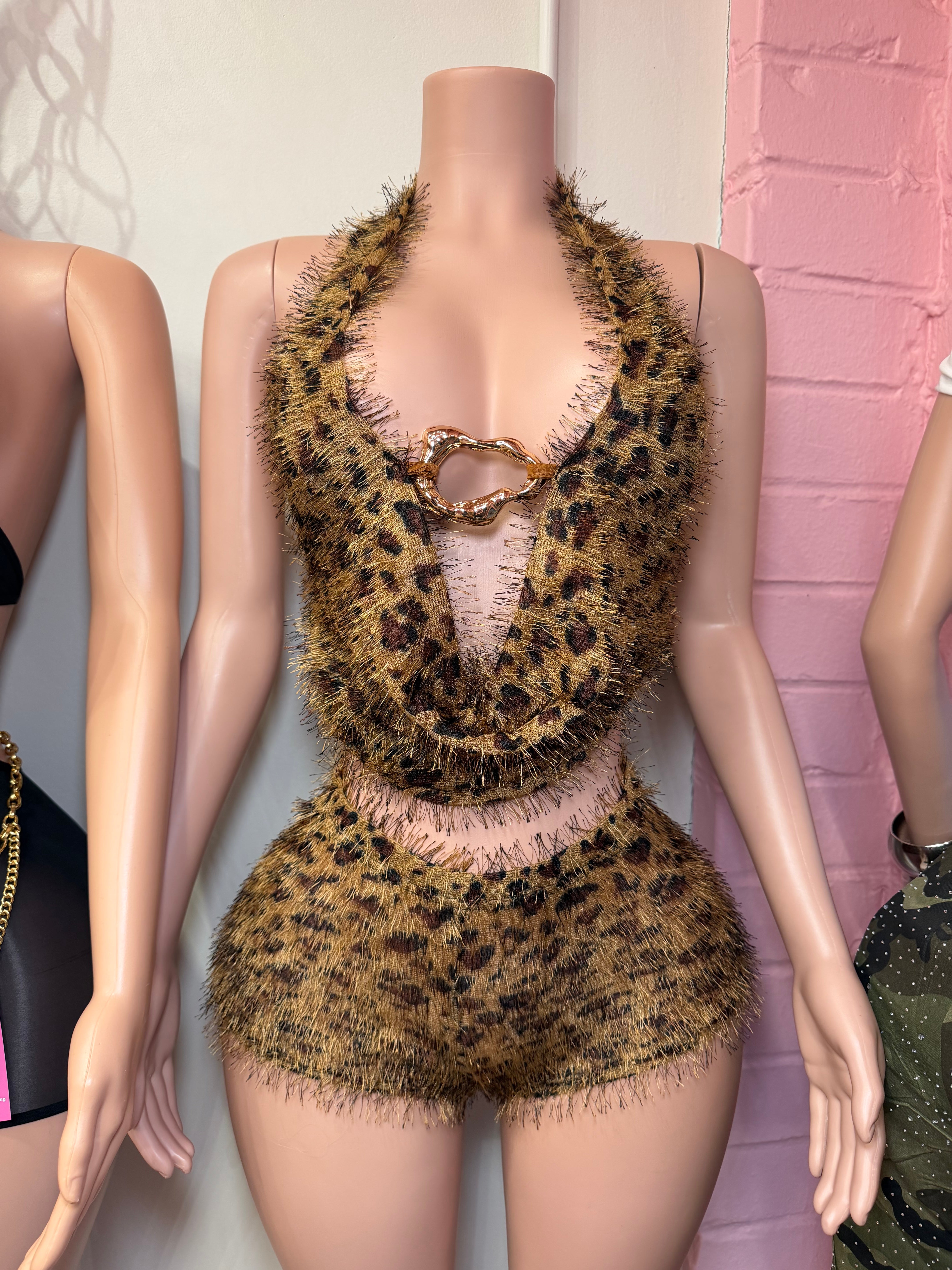 Wild Obsession Fuzzy Short Set- Leopard Print