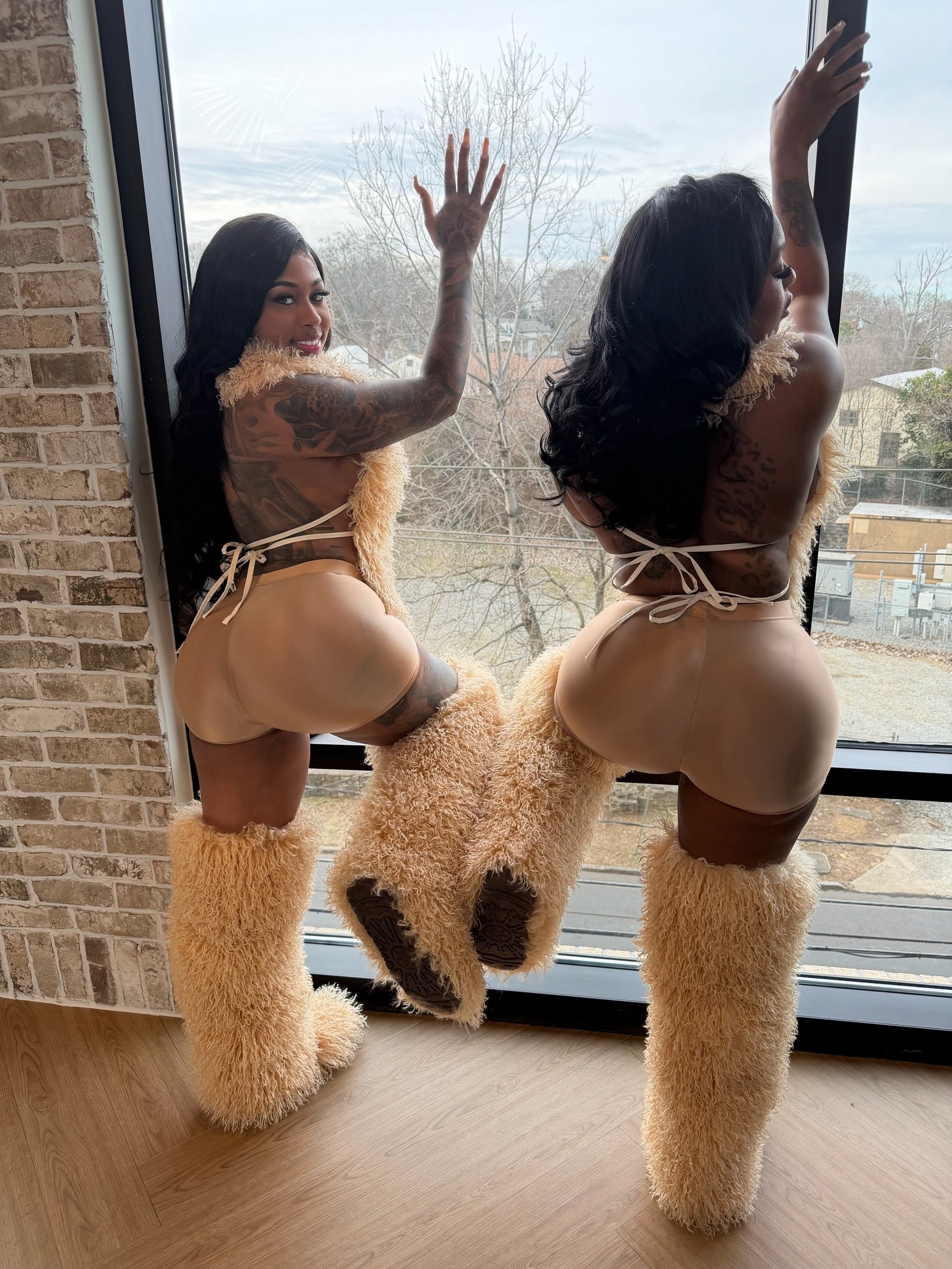 (Pre-Order) Shaggy Mongolian Halter Top,Shorts,Boots Combo- Tan