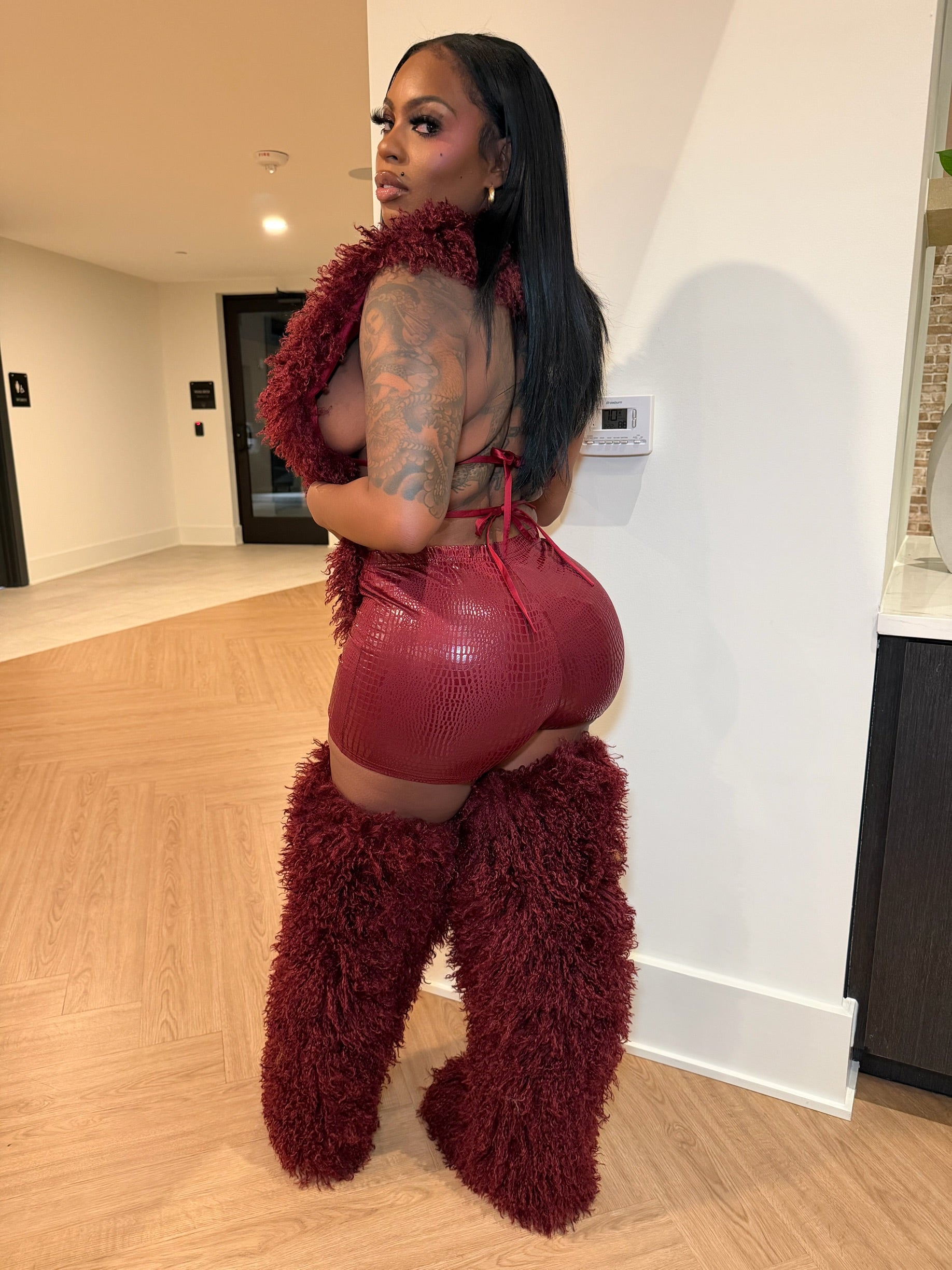 Shaggy Mongolian Fur Thigh High Boots- Wine