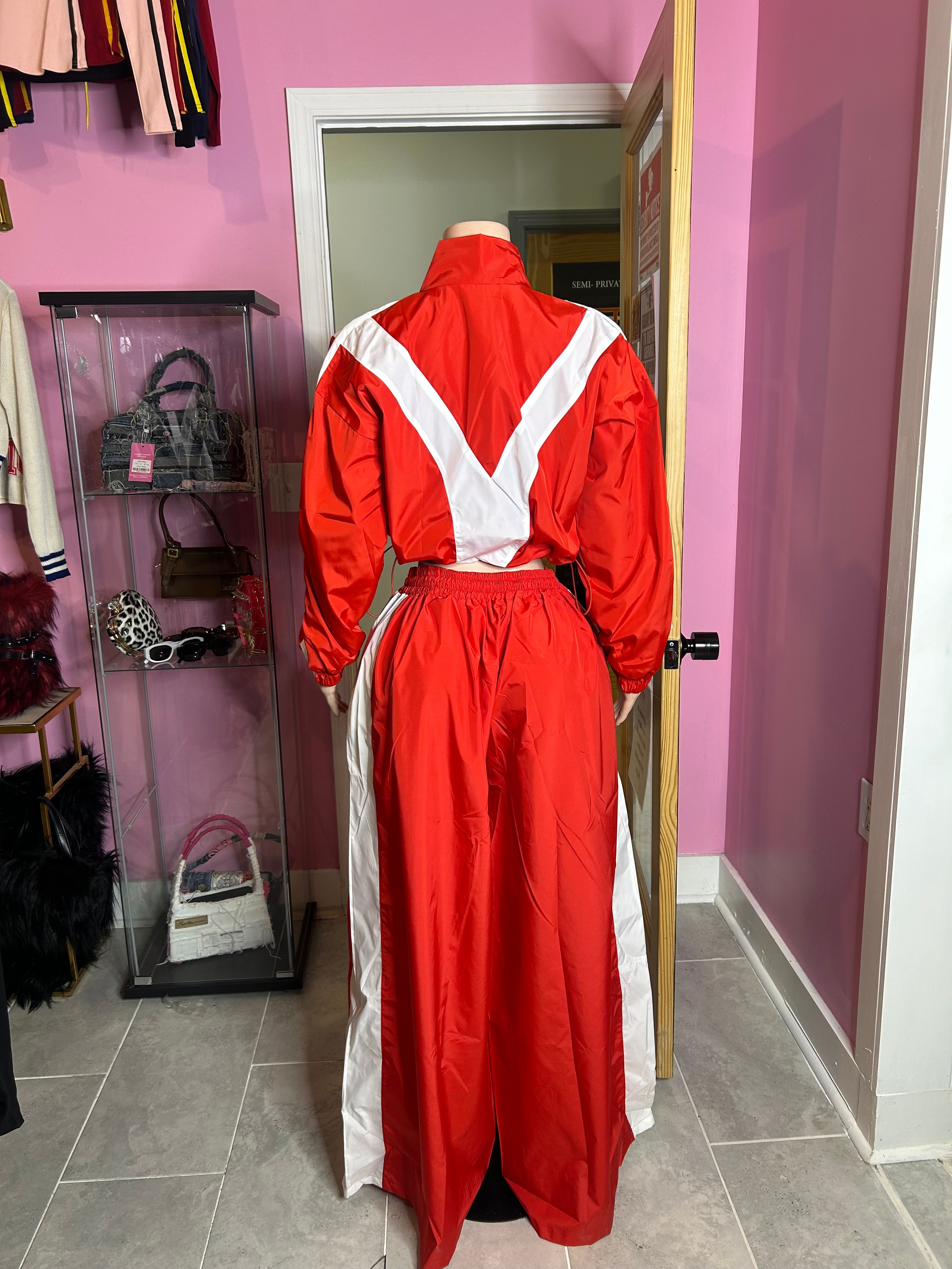 Vibrant Red Crop Jacket and Wide-Leg Pant Set