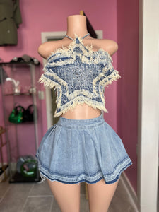 Denim Pleated Mini Skirt