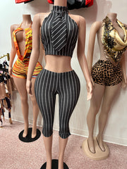 Stripe Halter Tie Top & Capri Pant Set- Gray Combo