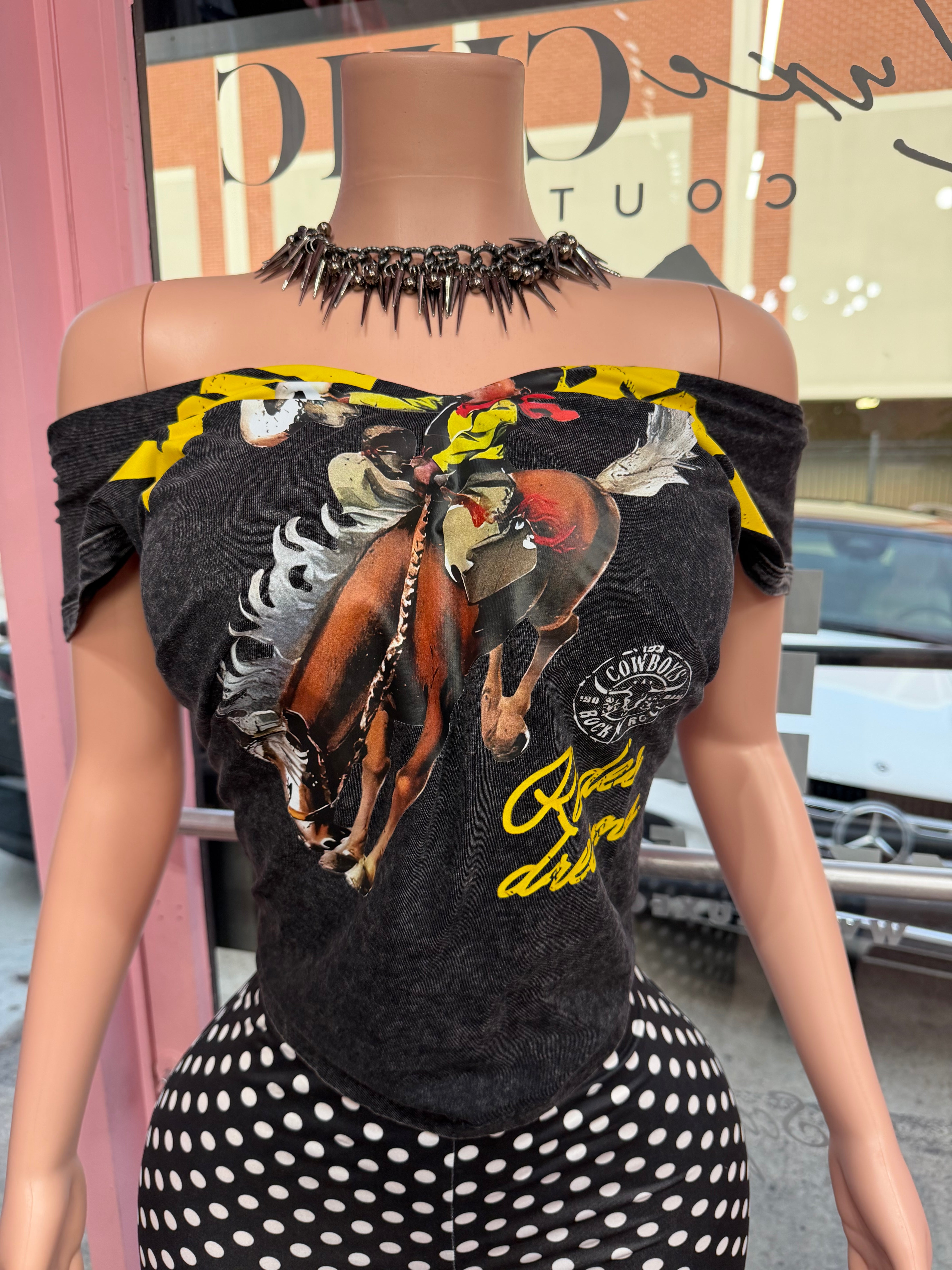 Cowboy Rebel Energy Graphic Top- Gray Multi