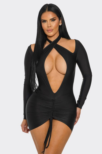 Vivid V-Cut Mini Dress- Black